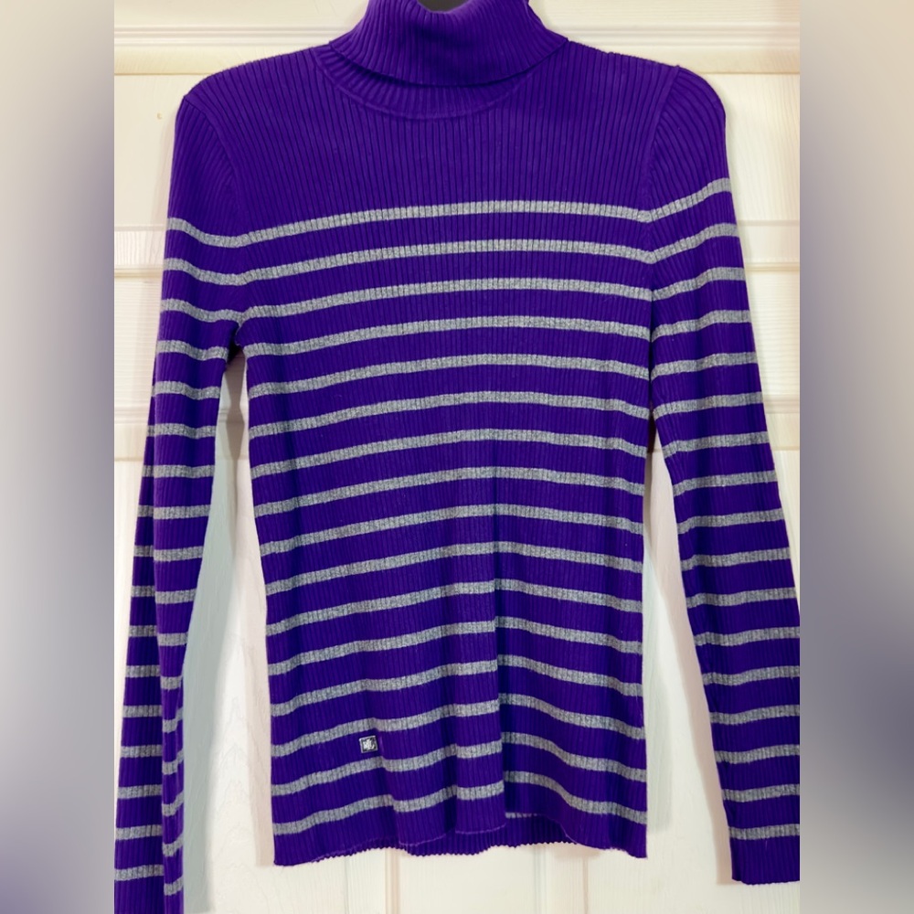 EUC Lauren Ralph Lauren Purple and Gray Striped Turtleneck Sweater Size L